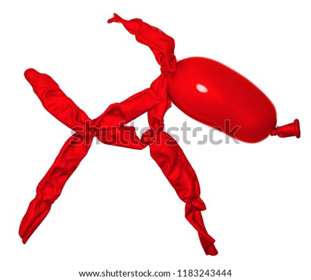 Red broken and strange looking balloon dog on white