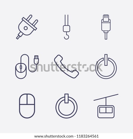 Outline 9 cable icon set. funicular, crane hook, handset, usb plug, plug, power and mouse vector illustration