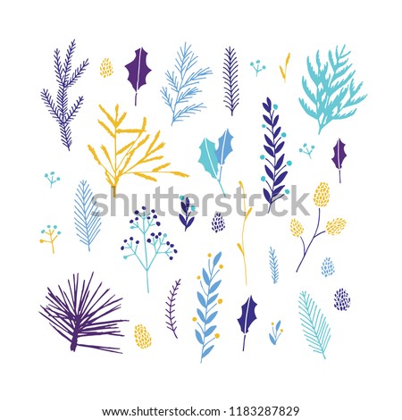 Vector elegant cute Christmas floral big collection. Feminine flower graphic design elements. Leaves, twigs and branches.