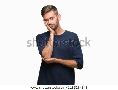 Young handsome man wearing winter sweater over isolated background thinking looking tired and bored with depression problems with crossed arms.