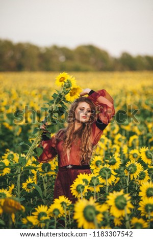 Young beautiful woman in a dress among blooming sunflowers. Agro-culture. toning