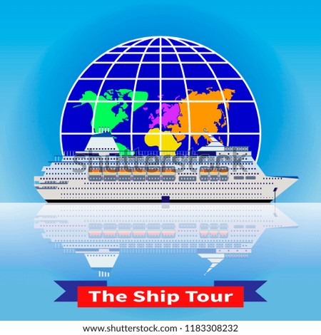 Cruise ship tour. White cruise ship with globe. Round-world voyage. Trendy concept for infographics, catalogs, information. Globe and cruise liner vector illustration. Theme of tourism and recreation