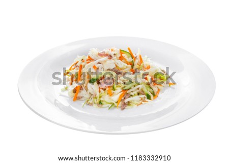 Salad of vegetables with cucumber, carrots, cabbage, meat, ham, bacon on plate, white isolated background Side view. For the menu, restaurant, bar, cafe Royalty-Free Stock Photo #1183332910