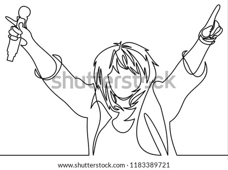 Rock band vocalist with singing to microphone with the hands raised up- continuous line drawing