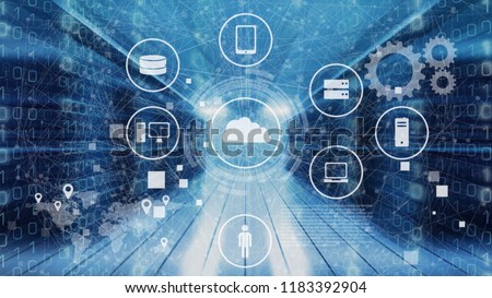 Data Management Platform (DMP) concept. Business man suit point finger to Infographic of texts and omni channel technology icons with globe connect and blue building. Marketing and crm concept. Royalty-Free Stock Photo #1183392904
