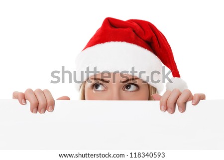 Female santa holding a christmas white card with a space for your message - isolated on a white background