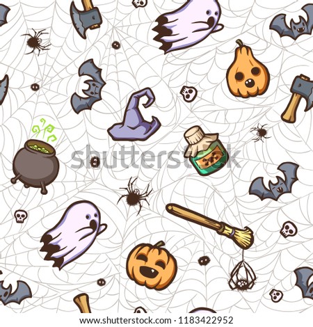 Pattern on a Halloween holiday. Seamless vector texture with many scary things and creatures! 