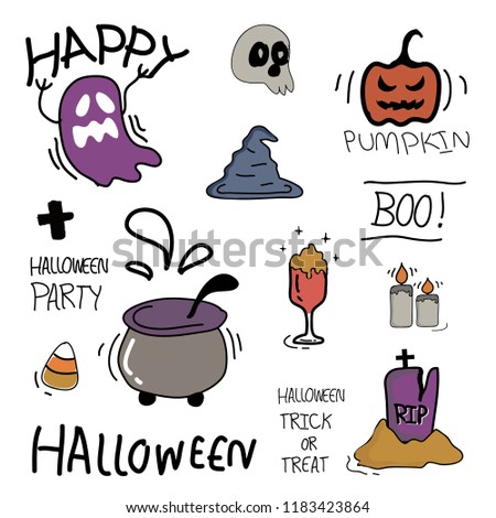 Happy Halloween celebration icon stickers with zombie, candy corn, boo, ghost, pumpkin, halloween food, poster, gravestone, candle, skull. Trick or treat hand drawn elements set.