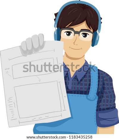 Illustration of Teenage Guy Holding His Plans and Measurements for His Woodworking Project