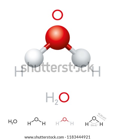 H2O. Water molecule model, chemical formula, ball-and-stick model, geometric structure and structural formula. Polar inorganic compound, tasteless and odorless liquid. Illustration over white. Vector. Royalty-Free Stock Photo #1183444921