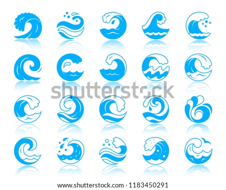 Wave silhouette icons set. Sign kit of sea. Splash monochrome pictogram collection environment, coastal surge, source river. Simple wave contour symbol reflection. Vector Icon shape isolated on white