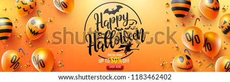 Halloween Sale Promotion Poster with Halloween candy and Halloween Ghost Balloons on Orange background.Scary air balloons.Website spooky or banner  template.Vector illustration EPS10
