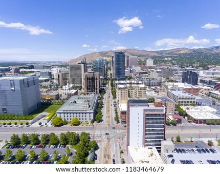 Aerial view of Salt Lake City downtown on Main Street in Salt Lake City, Utah, USA.