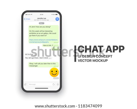 Mobile Chat App UI and UX Concept Vector Mockup in Minimalist Classic Light Theme on Smart Phone Screen Isolated on White Background. Social Network Design Template Royalty-Free Stock Photo #1183474099