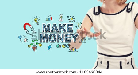 Make Money text with young woman on a blue background