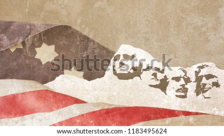 Mount Rushmore Presidents on Plaster Wall with Usa Flag Royalty-Free Stock Photo #1183495624