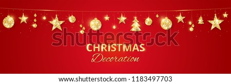 Christmas golden decoration on red background. Hanging glitter balls, trees, stars. Holiday vector frame for party posters, headers, banners. Winter season sparkling ornaments on a string.