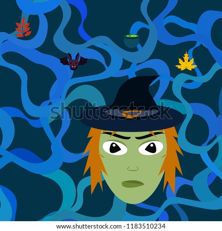 Halloween autumn fallen leaves, witch and bat vector