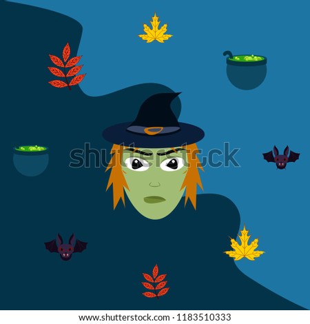 Halloween autumn fallen leaves, witch and bat vector