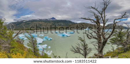 Panoramic picture of Lago Grey in Patagonia with floating iceberg