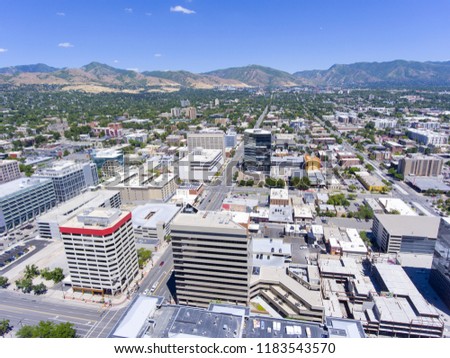 Aerial view of Salt Lake City downtown in Salt Lake City, Utah, USA.