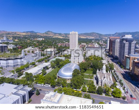 Aerial view of Temple Square, including Salt Lake Temple, LDS Church Office Building in downtown Salt Lake City, Utah, USA.