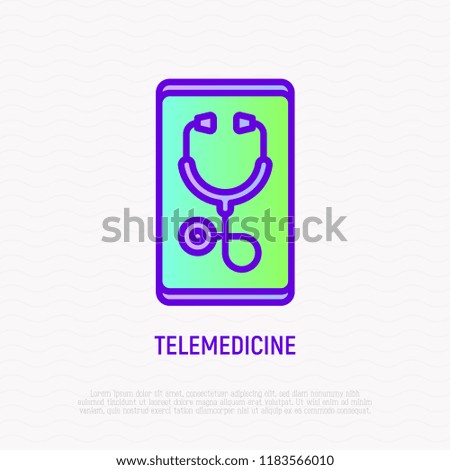 Telemedicine thin line icon: stethoscope on screen of smartphone. Modern vector illustration.