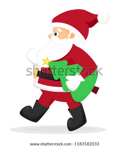 Cartoon Santa Claus with christmas tree. Isolated on white background. Cartoon style. Vector illustration
