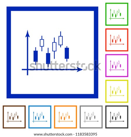 Candlestick graph with axes flat color icons in square frames on white background