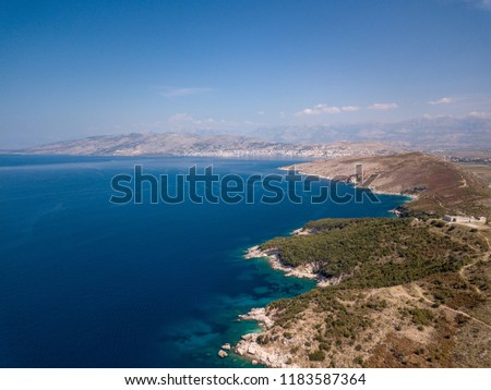 Aerial view of the Ionian Sea with Saranda, Albania in the background