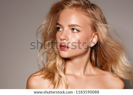 Prefect skin woman. Healthy care. Blonde shine hair. Natural make up. Royalty-Free Stock Photo #1183590088