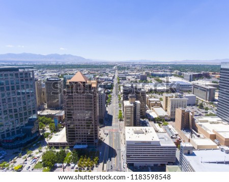 Aerial view of Salt Lake City on 200 South Street facing west in Salt Lake City, Utah, USA.