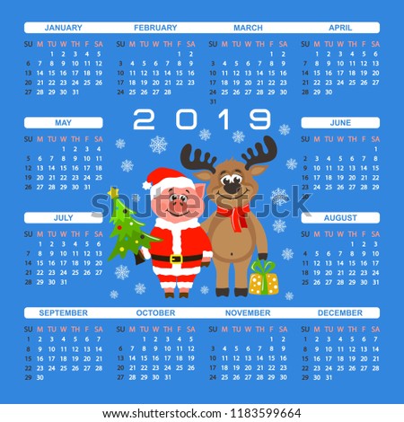 Colorful square calendar 2019 for kids. Pig in Santa Claus costume and happy reindeer. Cartoon characters, christmas tree, gift box on a blue background. Week starts on Sunday. Basic grid. Vector. 