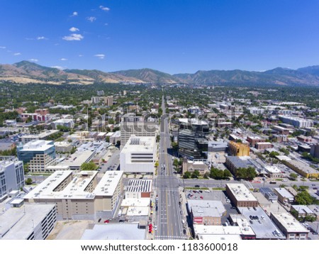 Aerial view of Salt Lake City on 200 South Street facing east in Salt Lake City, Utah, USA.