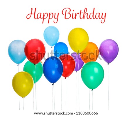Colorful balloons with greeting HAPPY BIRTHDAY on white background