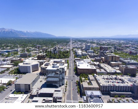 Aerial view of Salt Lake City on State Street facing south in Salt Lake City, Utah, USA.