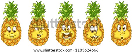 Pineapple. Fruit Food concept. Emoji Emoticon collection. Cartoon characters for kids coloring book, colouring pages, t-shirt print, icon, logo, label, patch, sticker.