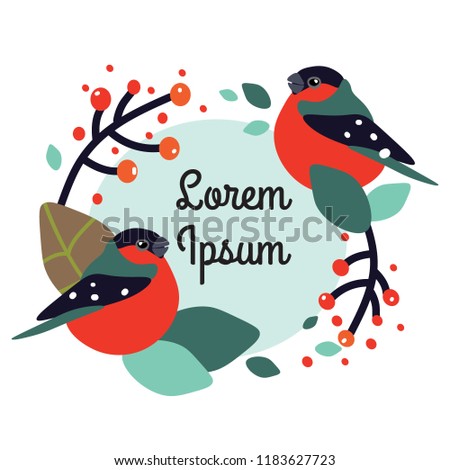 Vector illustration with a cute birds on a floral branch in winter for Wedding, anniversary, birthday and party. Design for banner, poster, card, invitation and scrapbook. EPS 10