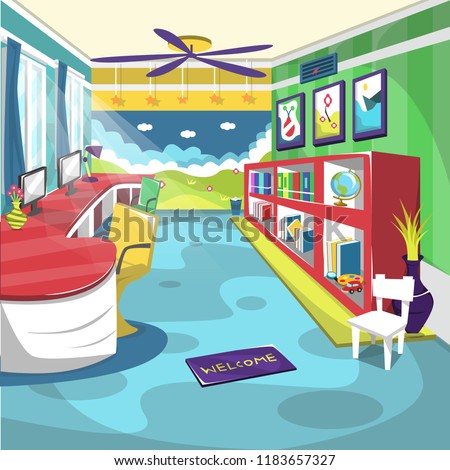 Clean Kids Library School Room with Ceiling Fan, wall painting, globe, books in the cupboard for Cartoon Vector Illustration Interior