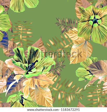 Exotic plant seamless pattern. Watercolor background. Hand painted illustration.