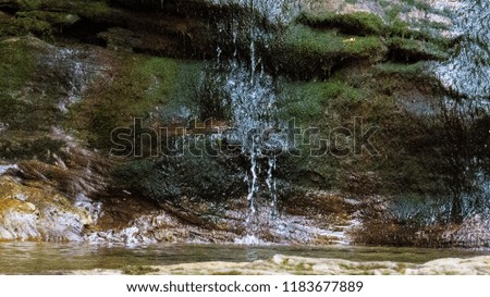 Droplets of water from a tiny waterfall on the side of a moss covered rock. The Province of Quebec, Canada.