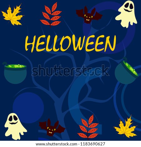 Halloween autumn fallen leaves cauldron witch bat spirit vector