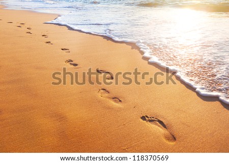 beach, wave and footsteps Royalty-Free Stock Photo #118370569