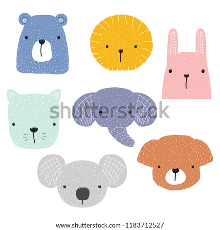 Set of cute animals faces for childish design. Vector hand drawn illustration.