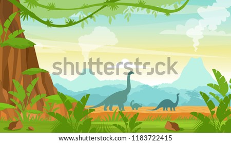 Vector illustration of silhouette of dinosaurs on the Jurassic period landscape with mountains, volcano and tropical plants in flat cartoon style. Royalty-Free Stock Photo #1183722415
