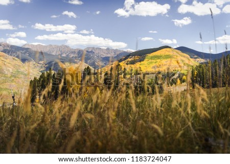 Autumn, landscape view of the Gore Range and Golden Peak in Vail, Colorado. 
