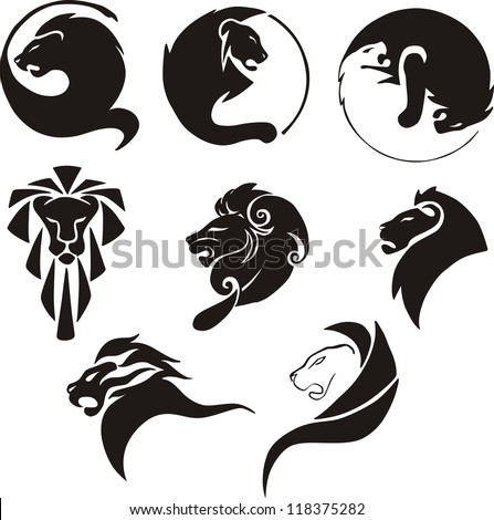 Stylized black lions. Set of black and white vector illustrations. Royalty-Free Stock Photo #118375282