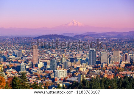 City of Portland Oregon and Mount Hood in Autumn, Oregon-USA