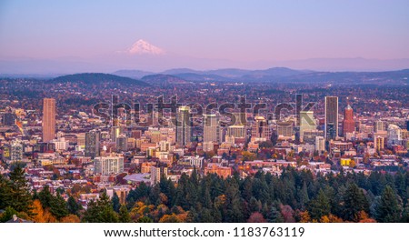 City of Portland Oregon and Mount Hood in Autumn, Oregon-USA