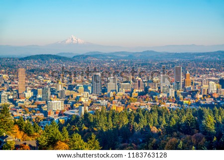 City of Portland Oregon and Mount Hood in Autumn, Oregon-USA Royalty-Free Stock Photo #1183763128